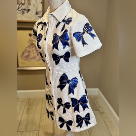 New! QUEEN OF SPARKLES White Dress with Sequin Metallic Blue Bow Accents - Picture 5 of 10